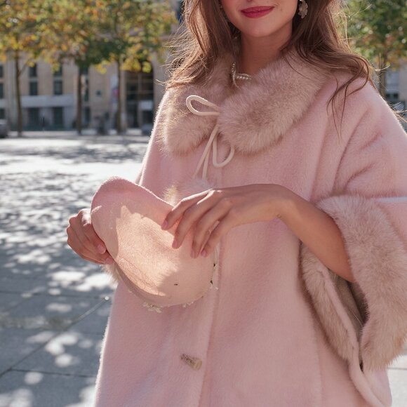 Jackets & Blazers - Pink Faux Fur Trim Cape Poncho Wrap